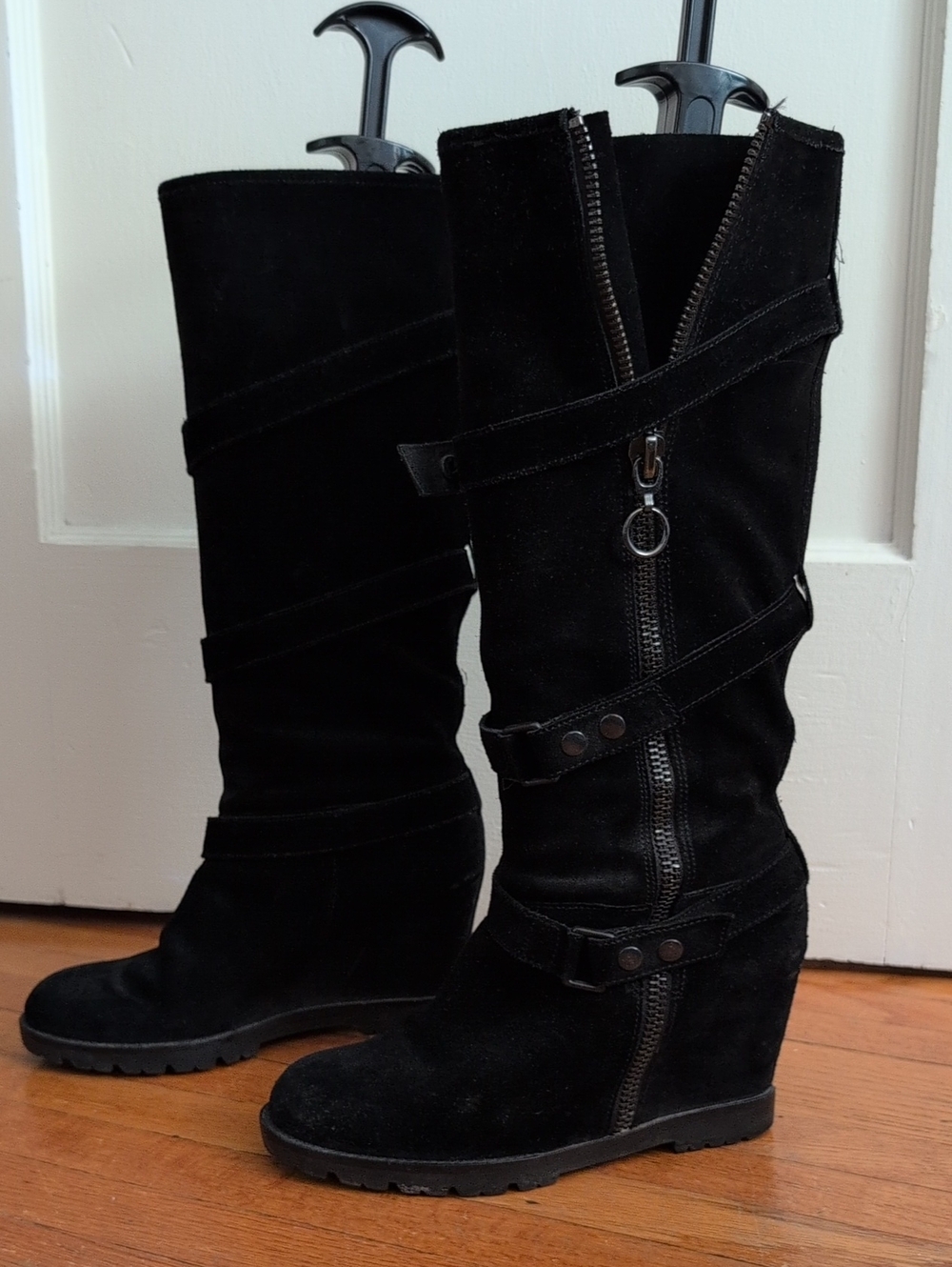 Black Suede Wedge Knee-High Boots with Zip and Strap Detail